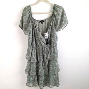 TRIXXI Juniors Tiered Skirt Chiffon Floral Dress Sage Green L Fairy Cottage Fem